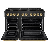 ZLINE 5-Piece Appliance Package - 48-Inch Paramount Dual Fuel Range, Wall Mount Range Hood, 36-Inch French Door Refrigerator with Water Dispenser, Dishwasher, and 24-Inch Microwave Drawer in Black Stainless Steel with Gold Accents
