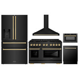 ZLINE 5-Piece Appliance Package - 48-Inch Paramount Dual Fuel Range, Wall Mount Range Hood, 36-Inch French Door Refrigerator with Water Dispenser, Dishwasher, and 24-Inch Microwave Drawer in Black Stainless Steel with Gold Accents