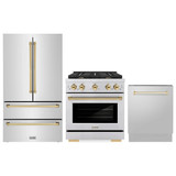 ZLINE 3-Piece Appliance Package - 30-Inch Paramount Autograph Gas Range, 36-Inch French Door Refrigerator, Dishwasher, in Stainless Steel with Gold Accents