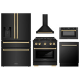 ZLINE 5-Piece Appliance Package - 30-Inch Paramount Dual Fuel Range, Wall Mount Range Hood, 36-Inch French Door Refrigerator with Water Dispenser, Dishwasher, and 24-Inch Microwave Drawer in Black Stainless Steel with Gold Accents