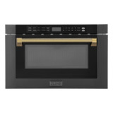 ZLINE 5-Piece Appliance Package - 30-Inch Paramount Gas Range, Wall Mount Range Hood, 36-Inch French Door Refrigerator, Dishwasher, and 24-Inch Microwave Drawer in Black Stainless Steel with Gold Accents