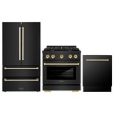 ZLINE 3-Piece Appliance Package - 30-Inch Paramount Gas Range, 36-Inch French Door Refrigerator, Dishwasher, in Black Stainless Steel with Gold Accents