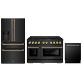 ZLINE 3-Piece Appliance Package - 48-Inch Paramount Dual Fuel Range, 36-Inch French Door Refrigerator with Water Dispenser, Dishwasher, in Black Stainless Steel with Champagne Bronze Accents