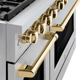 ZLINE 4-Piece Appliance Package - 48-Inch Paramount Autograph Dual Fuel Range, Wall Mount Range Hood, 36-Inch French Door Refrigerator with Water Dispenser, Dishwasher, in Stainless Steel with Gold Accents