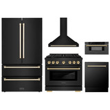 ZLINE 5-Piece Appliance Package - 36-Inch Paramount Dual Fuel Range, Wall Mount Range Hood, 36-Inch French Door Refrigerator, Dishwasher, and 30-Inch Microwave Drawer in Black Stainless Steel with Gold Accents