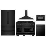 ZLINE 5-Piece Appliance Package - 48-Inch Paramount Dual Fuel Range, Wall Mount Range Hood, 36-Inch French Door Refrigerator, Dishwasher, and 24-Inch Microwave Drawer in Black Stainless Steel