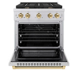 ZLINE 5-Piece Appliance Package - 30-Inch Paramount Dual Fuel Range, Wall Mount Range Hood, 36-Inch French Door Refrigerator with Water Dispenser, Dishwasher, and 30-Inch Microwave Drawer in Stainless Steel with Gold Accents