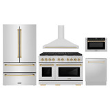 ZLINE 5-Piece Appliance Package - 48-Inch Paramount Dual Fuel Range, Wall Mount Range Hood, 36-Inch French Door Refrigerator, Dishwasher, and 30-Inch Microwave Drawer in Stainless Steel with Gold Accents