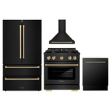 ZLINE 4-Piece Appliance Package - 30-Inch Paramount Gas Range, Wall Mount Range Hood, 36-Inch French Door Refrigerator, Dishwasher, in Black Stainless Steel with Champagne Bronze Accents