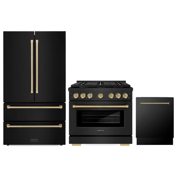 ZLINE 3-Piece Appliance Package - 36-Inch Paramount Gas Range, 36-Inch French Door Refrigerator, Dishwasher, in Black Stainless Steel with Champagne Bronze Accents
