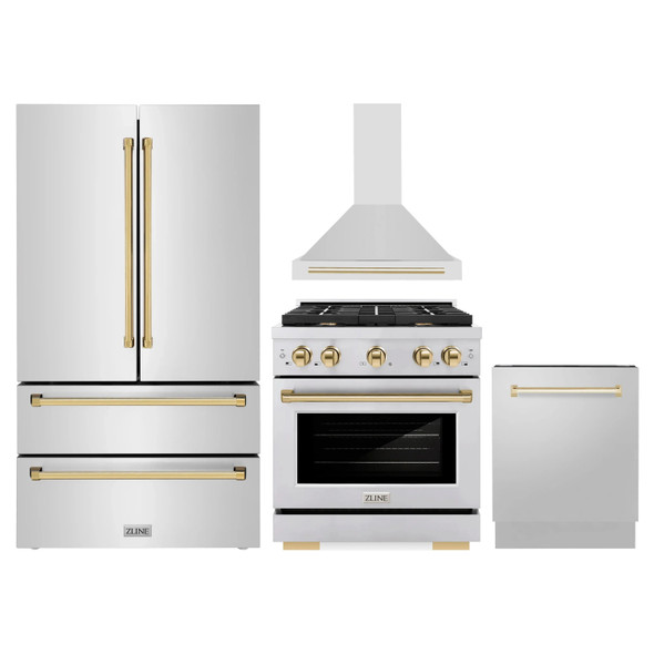 ZLINE 4-Piece Appliance Package - 30-Inch Paramount Autograph Dual Fuel Range, Wall Mount Range Hood, 36-Inch French Door Refrigerator, Dishwasher, in Stainless Steel with Gold Accents