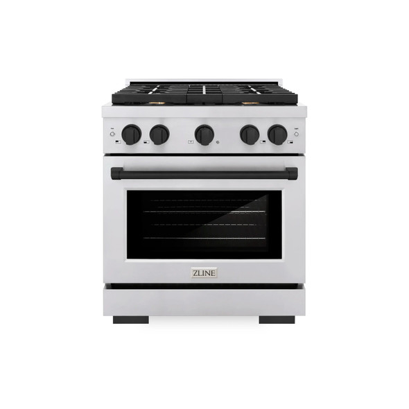 ZLINE 3-Piece Appliance Package - 30-Inch Paramount Autograph Gas Range, 36-Inch French Door Refrigerator, Dishwasher, in Stainless Steel with Matte Black Accents