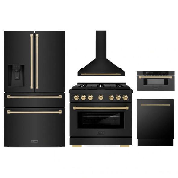 ZLINE 5-Piece Appliance Package - 36-Inch Paramount Gas Range, Wall Mount Range Hood, 36-Inch French Door Refrigerator with Water Dispenser, Dishwasher, and 30-Inch Microwave Drawer in Black Stainless Steel with Champagne Bronze Accents