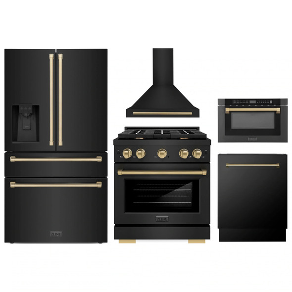 ZLINE 5-Piece Appliance Package - 30-Inch Paramount Gas Range, Wall Mount Range Hood, 36-Inch French Door Refrigerator with Water Dispenser, Dishwasher, and 24-Inch Microwave Drawer in Black Stainless Steel with Champagne Bronze Accents