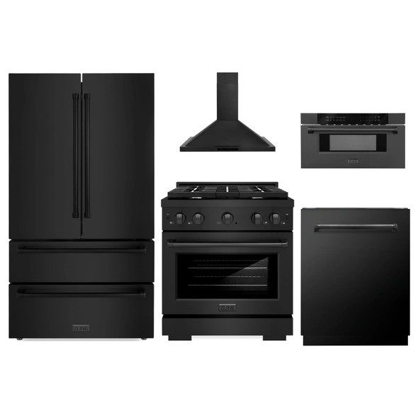 ZLINE 5-Piece Appliance Package - 30-Inch Paramount Dual Fuel Range, Wall Mount Range Hood, 36-Inch French Door Refrigerator, Dishwasher, and 30-Inch Microwave Drawer in Black Stainless Steel