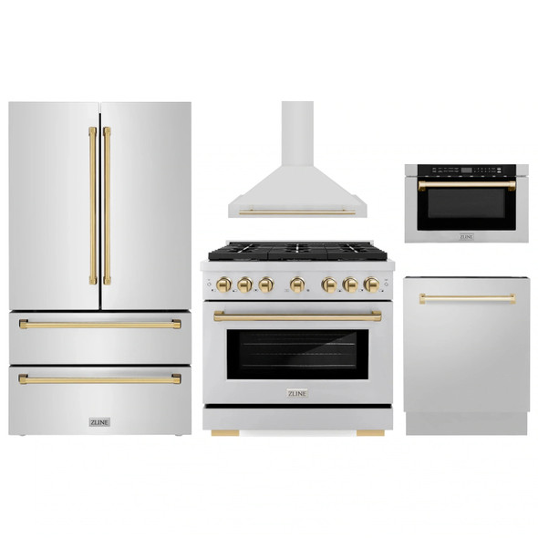 ZLINE 5-Piece Appliance Package - 36-Inch Paramount Autograph Gas Range, Wall Mount Range Hood, 36-Inch French Door Refrigerator, Dishwasher, and 24-Inch Microwave Drawer in Stainless Steel with Gold Accents