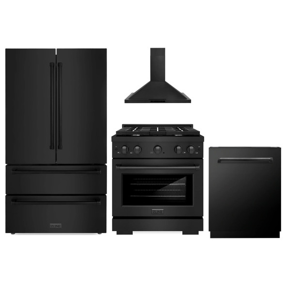 ZLINE 4-Piece Appliance Package - 30-Inch Paramount Dual Fuel Range, Wall Mount Range Hood, 36-Inch French Door Refrigerator, Dishwasher, in Black Stainless Steel