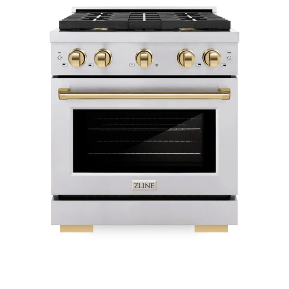 ZLINE 4-Piece Appliance Package - 30-Inch Paramount Autograph Dual Fuel Range, Wall Mount Range Hood, 36-Inch French Door Refrigerator with Water Dispenser, Dishwasher, in Stainless Steel with Gold Accents