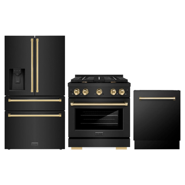 ZLINE 3-Piece Appliance Package - 30-Inch Paramount Gas Range, 36-Inch French Door Refrigerator with Water Dispenser, Dishwasher, in Black Stainless Steel with Gold Accents