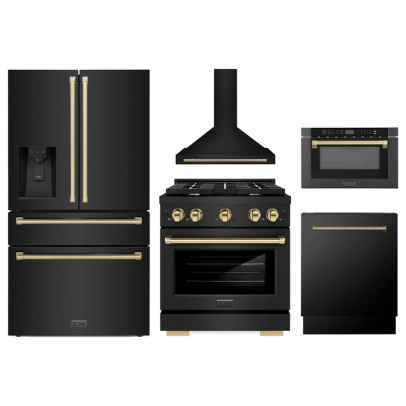 ZLINE 5-Piece Appliance Package - 36-Inch Paramount Dual Fuel Range, Wall Mount Range Hood, 36-Inch French Door Refrigerator with Water Dispenser, Dishwasher, and 24-Inch Microwave Drawer in Black Stainless Steel with Champagne Bronze Accents