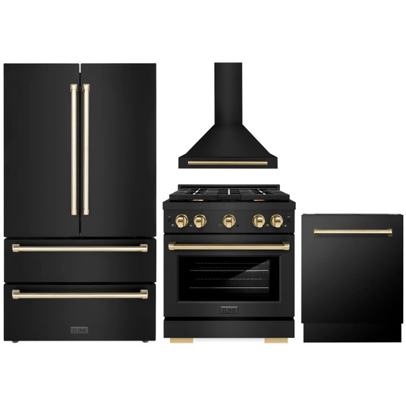 ZLINE 4-Piece Appliance Package - 30-Inch Paramount Gas Range, Wall Mount Range Hood, 36-Inch French Door Refrigerator, Dishwasher, in Black Stainless Steel with Gold Accents