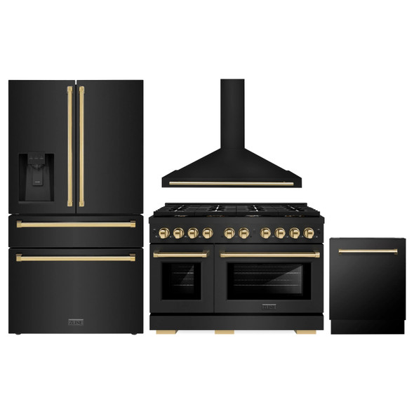 ZLINE 4-Piece Appliance Package - 48-Inch Paramount Dual Fuel Range, Wall Mount Range Hood, 36-Inch French Door Refrigerator with Water Dispenser, Dishwasher, in Black Stainless Steel with Gold Accents