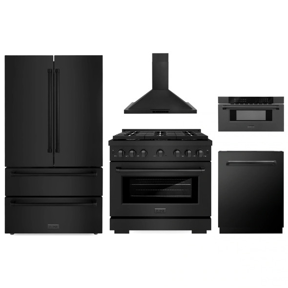ZLINE 5-Piece Appliance Package - 36-Inch Paramount Gas Range, Wall Mount Range Hood, 36-Inch French Door Refrigerator, Dishwasher, and 30-Inch Microwave Drawer in Black Stainless Steel