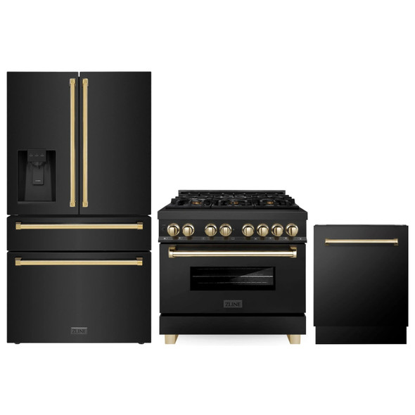 ZLINE 3-Piece Appliance Package - 36-Inch Legacy Dual Fuel Range, 36-Inch French Door Refrigerator with Water Dispenser, Dishwasher, in Black Stainless Steel with Gold Accents