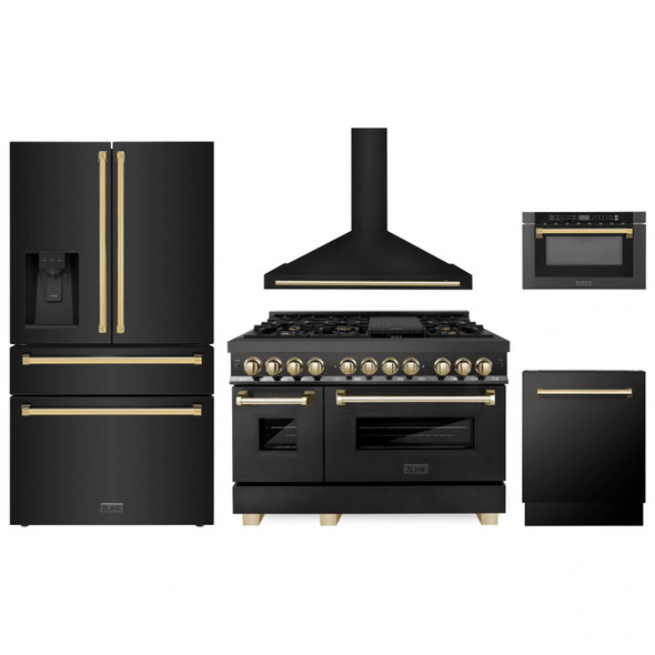 ZLINE 5-Piece Appliance Package - 48-Inch Legacy Dual Fuel Range, Wall Mount Range Hood, 36-Inch French Door Refrigerator with Water Dispenser, Dishwasher, and 24-Inch Microwave Drawer in Black Stainless Steel with Gold Accents