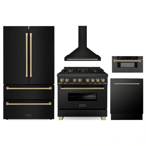 ZLINE 5-Piece Appliance Package - 36-Inch Legacy Dual Fuel Range, Wall Mount Range Hood, 36-Inch French Door Refrigerator, Dishwasher, and 30-Inch Microwave Drawer in Black Stainless Steel with Champagne Bronze Accents