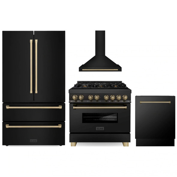 ZLINE 4-Piece Appliance Package - 36-Inch Legacy Dual Fuel Range, Wall Mount Range Hood, 36-Inch French Door Refrigerator, Dishwasher, in Black Stainless Steel with Champagne Bronze Accents