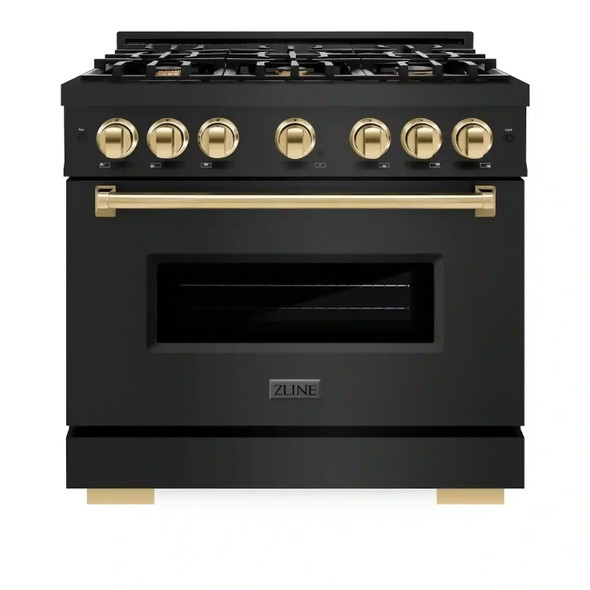 ZLINE 5-Piece Appliance Package - 36-Inch Autograph Edition Gas Range, Wall Mount Range Hood, 36-Inch French Door Refrigerator, Dishwasher, and 30-Inch Microwave Drawer in Black Stainless Steel with Gold Accents