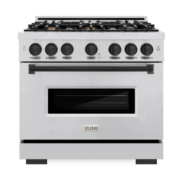 ZLINE 5-Piece Appliance Package - 36-Inch Autograph Edition Gas Range, Wall Mount Range Hood, 36-Inch French Door Refrigerator with Water Dispenser, Dishwasher, and 30-Inch Microwave Drawer in Stainless Steel Matte Black Accents