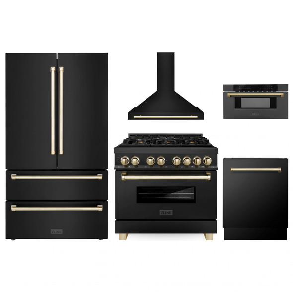 ZLINE 5-Piece Appliance Package - 36-Inch Legacy Dual Fuel Range, Wall Mount Range Hood, 36-Inch French Door Refrigerator, Dishwasher, and 30-Inch Microwave Drawer in Black Stainless Steel with Gold Accents