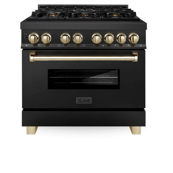 ZLINE 4-Piece Appliance Package - 36-Inch Legacy Dual Fuel Range, Wall Mount Range Hood, 36-Inch French Door Refrigerator with Water Dispenser, Dishwasher, in Black Stainless Steel with Gold Accents