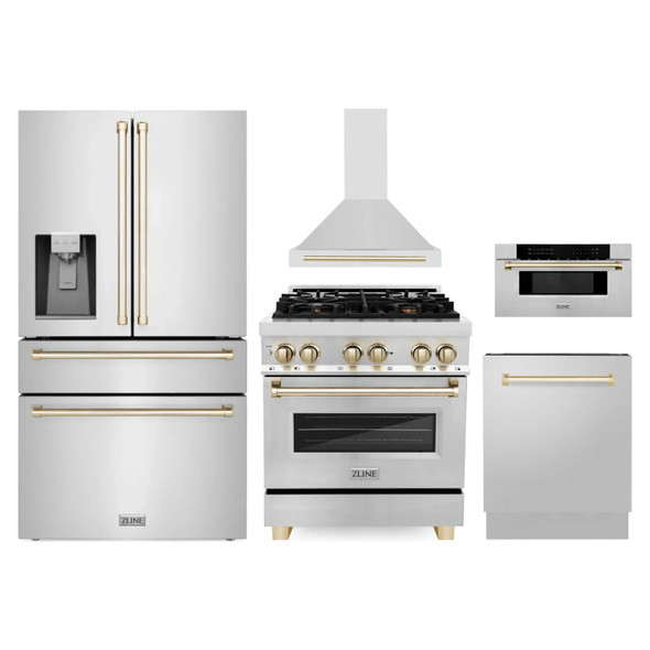 ZLINE 5-Piece Appliance Package - 30-Inch Legacy Autograph Dual Fuel Range, Wall Mount Range Hood, 36-Inch French Door Refrigerator with Water Dispenser, Dishwasher, and 30-Inch Microwave Drawer in Stainless Steel with Gold Accents
