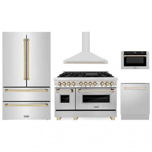 ZLINE 5-Piece Appliance Package - 48-Inch Legacy Autograph Dual Fuel Range, Wall Mount Range Hood, 36-Inch French Door Refrigerator, Dishwasher, and 24-Inch Microwave Drawer in Stainless Steel with Gold Accents