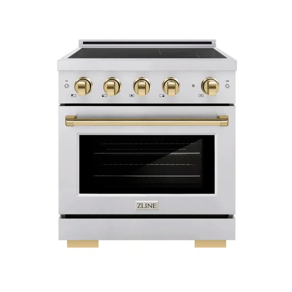 ZLINE 5-Piece Appliance Package - 30-Inch Autograph Induction Range, Wall Mount Range Hood, 36-Inch French Door Refrigerator with Water Dispenser, Dishwasher, and 30-Inch Microwave Drawer in Stainless Steel with Gold Accents