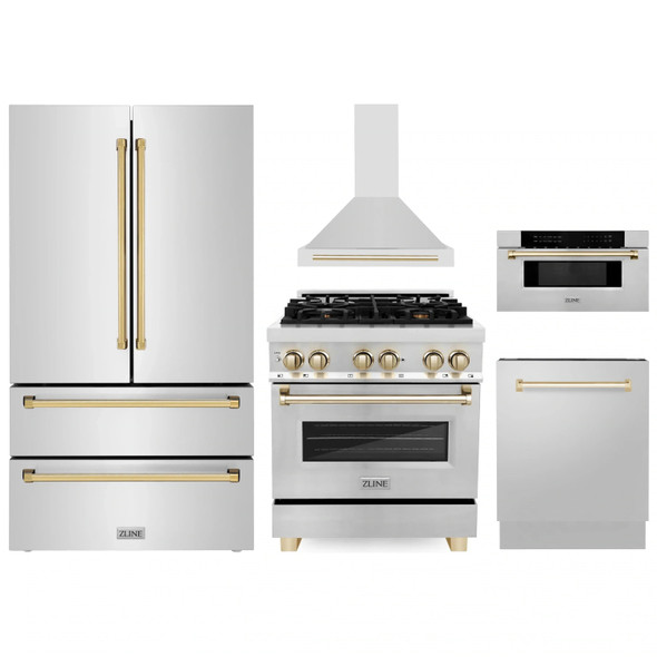 ZLINE 5-Piece Appliance Package - 30-Inch Legacy Autograph Dual Fuel Range, Wall Mount Range Hood, 36-Inch French Door Refrigerator, Dishwasher, and 30-Inch Microwave Drawer in Stainless Steel with Gold Accents