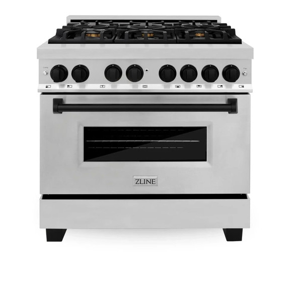 ZLINE 4-Piece Appliance Package - 36-Inch Legacy Autograph Dual Fuel Range, Wall Mount Range Hood, 36-Inch French Door Refrigerator with Water Dispenser, Dishwasher, in Stainless Steel with Matte Black Accents