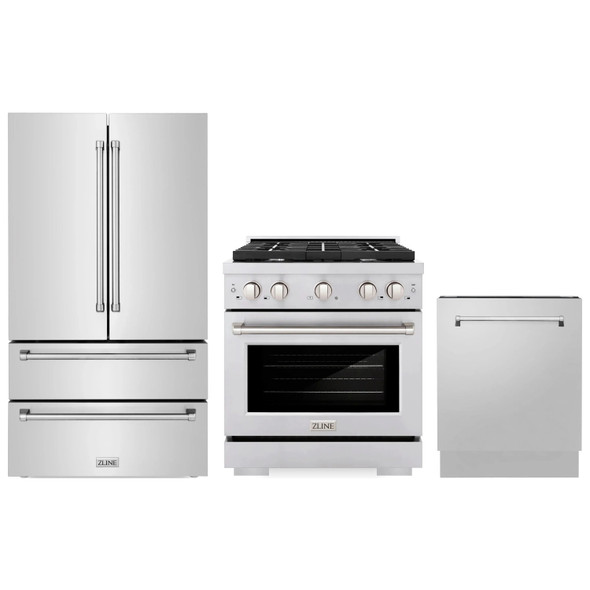 ZLINE 3-Piece Appliance Package - 30-Inch Paramount Dual Fuel Range, 36-Inch French Door Refrigerator, Dishwasher, in Stainless Steel