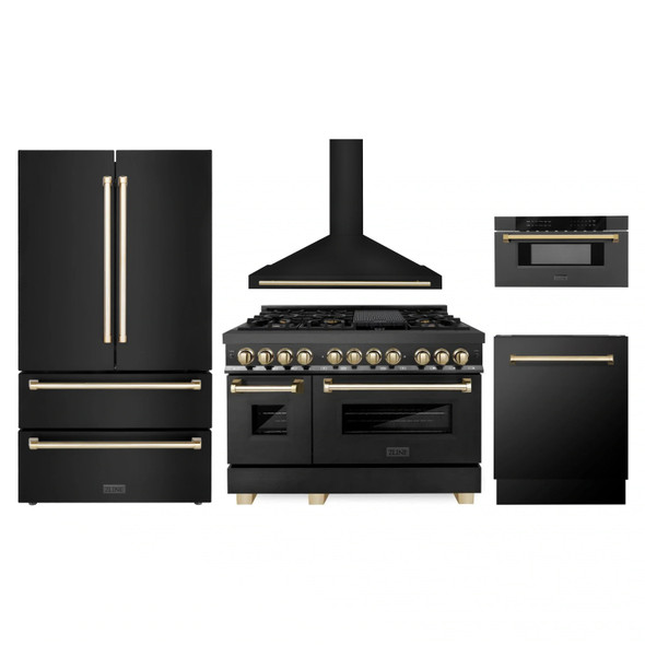 ZLINE 5-Piece Appliance Package - 48-Inch Legacy Dual Fuel Range, Wall Mount Range Hood, 36-Inch French Door Refrigerator, Dishwasher, and 30-Inch Microwave Drawer in Black Stainless Steel with Gold Accents