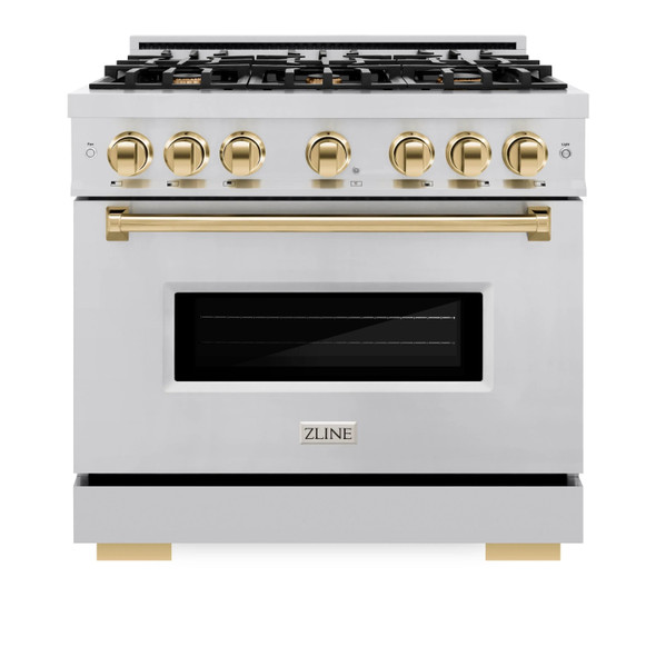 ZLINE 5-Piece Appliance Package - 36-Inch Autograph Edition Gas Range, Wall Mount Range Hood, 36-Inch French Door Refrigerator with Water Dispenser, Dishwasher, and 30-Inch Microwave Drawer in Stainless Steel with Gold Accents