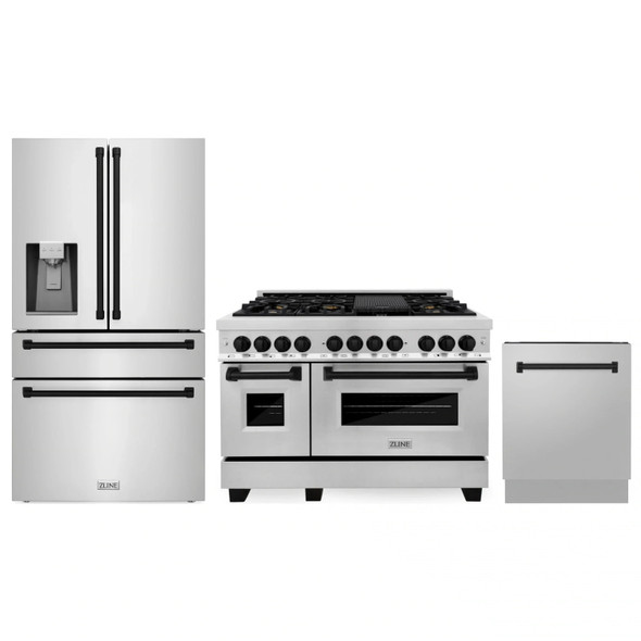 ZLINE 3-Piece Appliance Package - 48-Inch Legacy Autograph Dual Fuel Range, 36-Inch French Door Refrigerator with Water Dispenser, Dishwasher, in Stainless Steel with Matte Black Accents