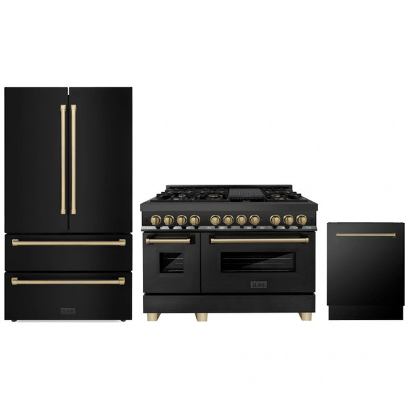ZLINE 3-Piece Appliance Package - 48-Inch Legacy Dual Fuel Range, 36-Inch French Door Refrigerator, Dishwasher, in Black Stainless Steel with Champagne Bronze Accents