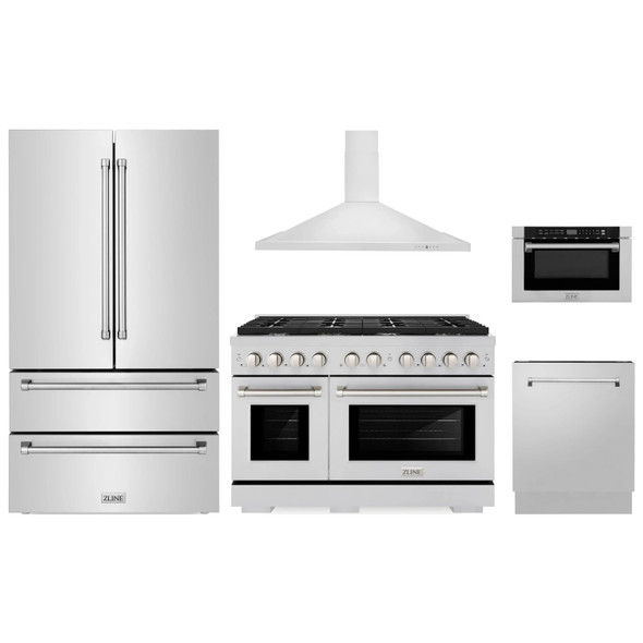 ZLINE 5-Piece Appliance Package - 48-Inch Paramount Gas Range, Wall Mount Range Hood, 36-Inch French Door Refrigerator, Dishwasher, and 24-Inch Microwave Drawer in Stainless Steel