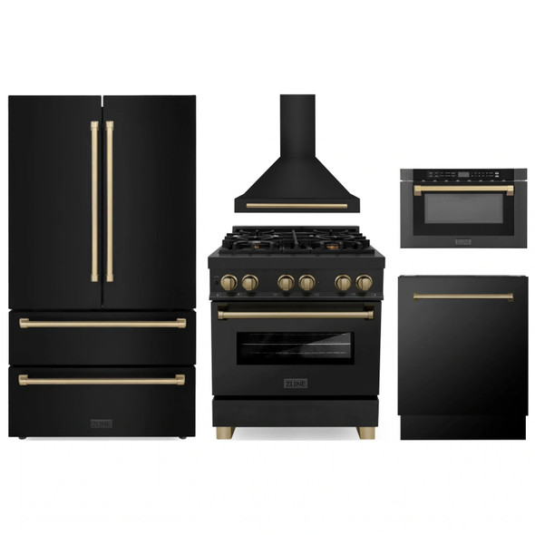 ZLINE 5-Piece Appliance Package - 30-Inch Legacy Dual Fuel Range, Wall Mount Range Hood, 36-Inch French Door Refrigerator, Dishwasher, and 24-Inch Microwave Drawer in Black Stainless Steel with Champagne Bronze Accents