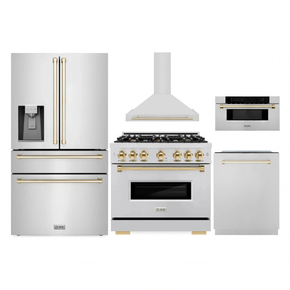 ZLINE 5-Piece Appliance Package - 36-Inch Autograph Edition Dual Fuel Range, Wall Mount Range Hood, 36-Inch French Door Refrigerator with Water Dispenser, Dishwasher, and 30-Inch Microwave Drawer in Stainless Steel with Gold Accents