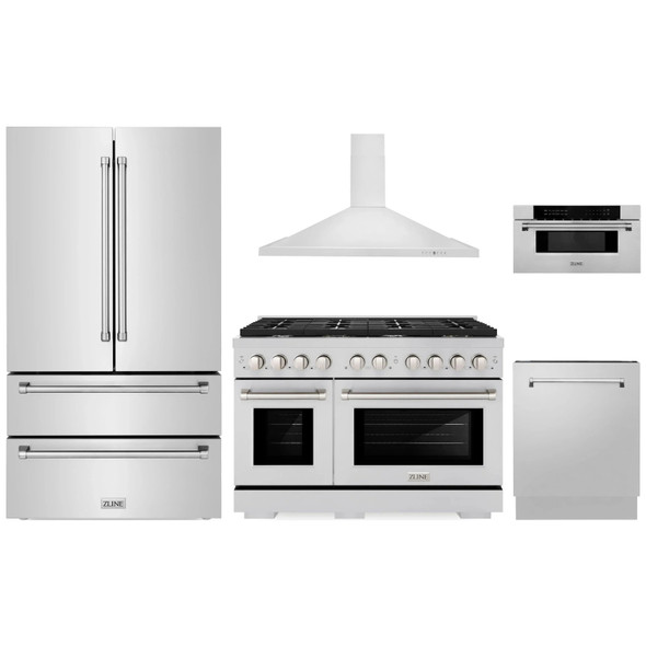 ZLINE 5-Piece Appliance Package - 48-Inch Paramount Gas Range, Wall Mount Range Hood, 36-Inch French Door Refrigerator, Dishwasher, and 30-Inch Microwave Drawer in Stainless Steel