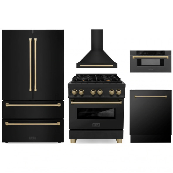 ZLINE 5-Piece Appliance Package - 30-Inch Legacy Dual Fuel Range, Wall Mount Range Hood, 36-Inch French Door Refrigerator, Dishwasher, and 30-Inch Microwave Drawer in Black Stainless Steel with Champagne Bronze Accents